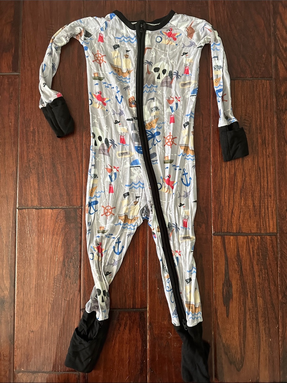 Little Sleepies Bamboo Kids Pirate Print Footed Pajamas - Gray with Navy Accents